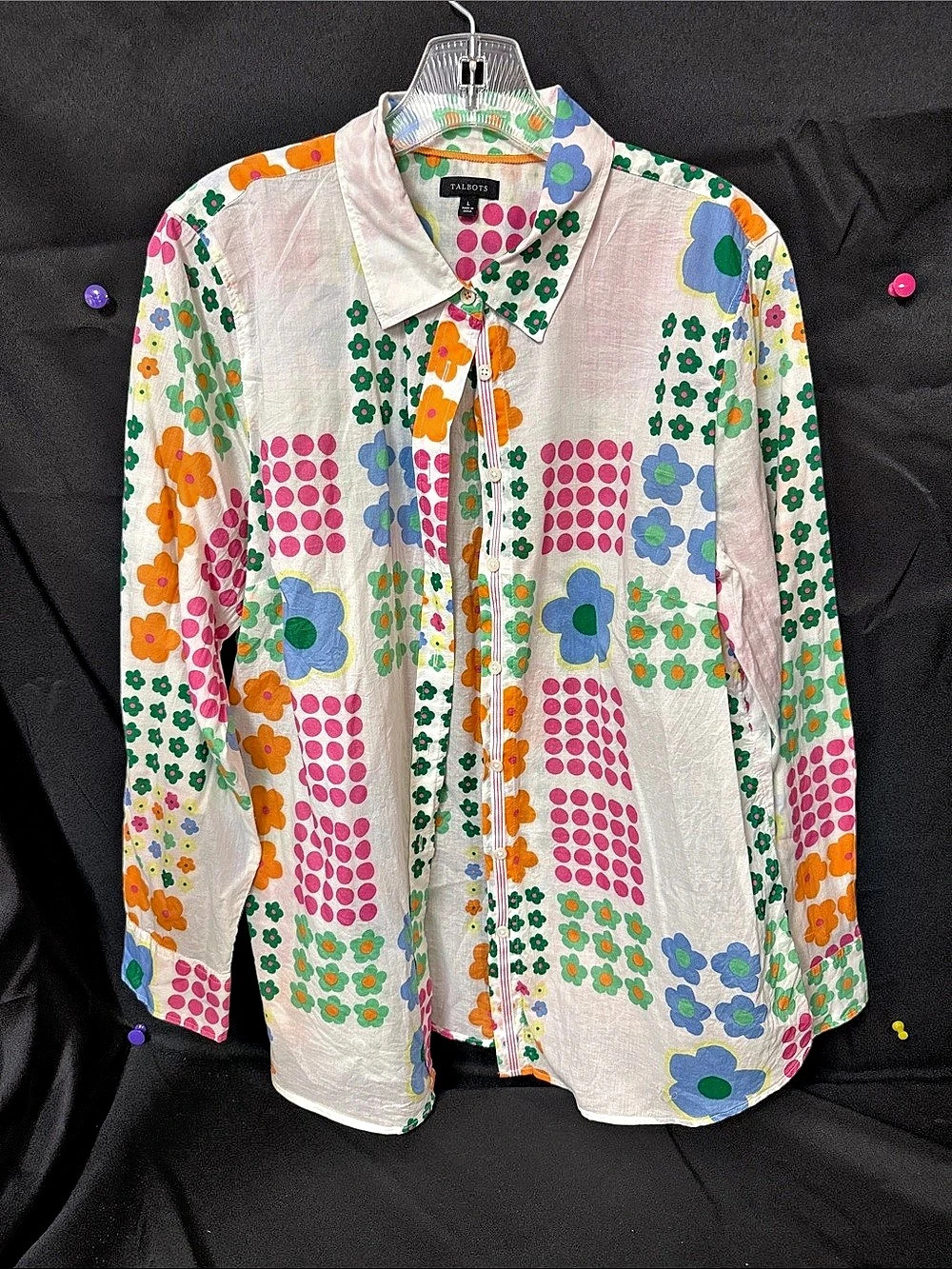 Talbots Floral Cotton Button Down Shirt in White & Pink Size Large